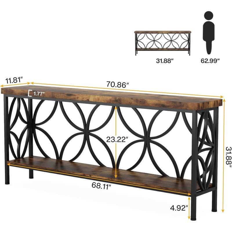 70.9"Extra Long Industrial Console Table, Narrow Sofa Table Behind Couch with Open Storage Shelves, Rustic Entryway Table