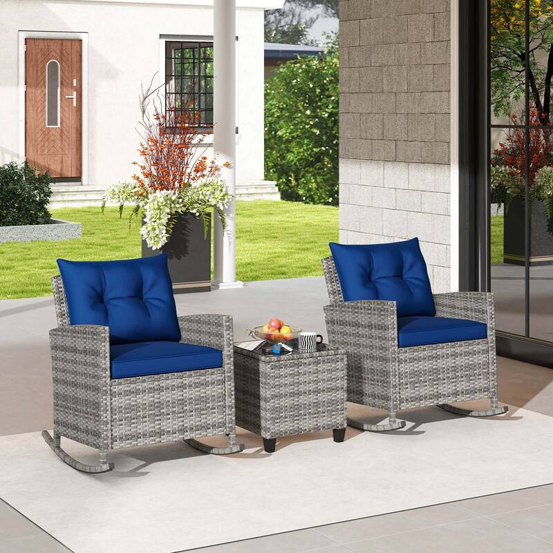 Costway 3 PCS Patio Wicker Rocking Set with Tempered Glass Table & - See Details
