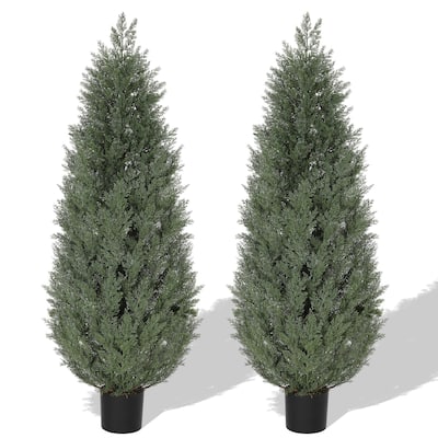 2 Pcs 3 FT Artificial Cedar Trees, Artificial Cypress Topiary Tree with Cement Flower Pot