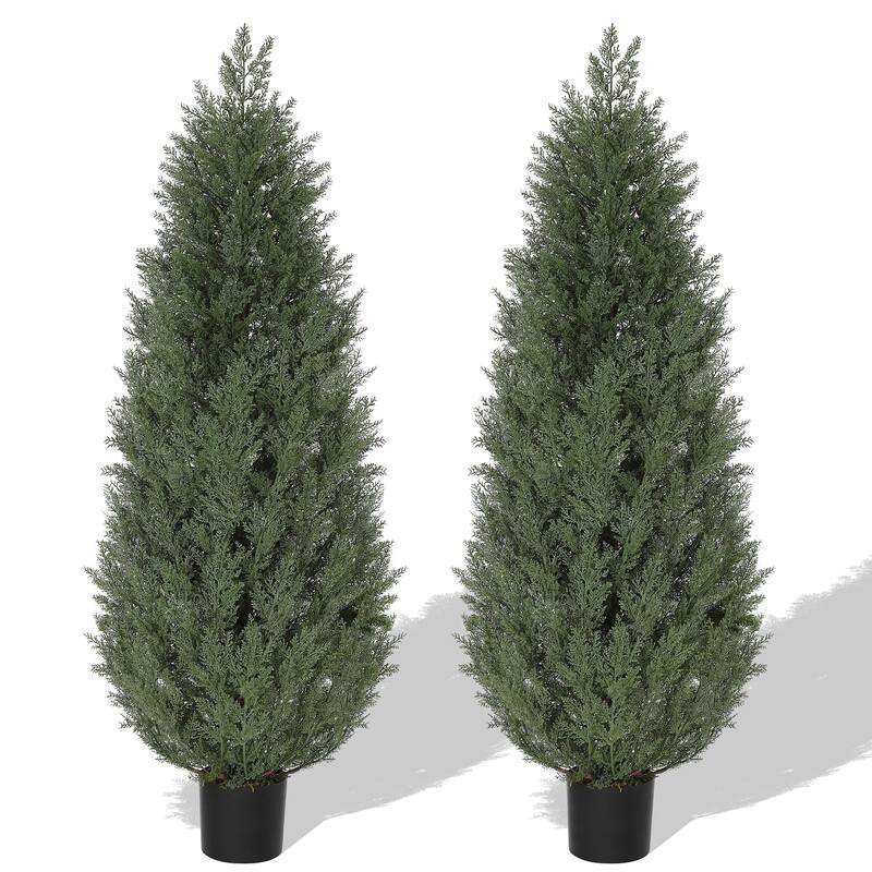 2 Pcs 4 FT Artificial Cedar Trees, Artificial Cypress Topiary Tree with Cement Flower Pot - 4ft