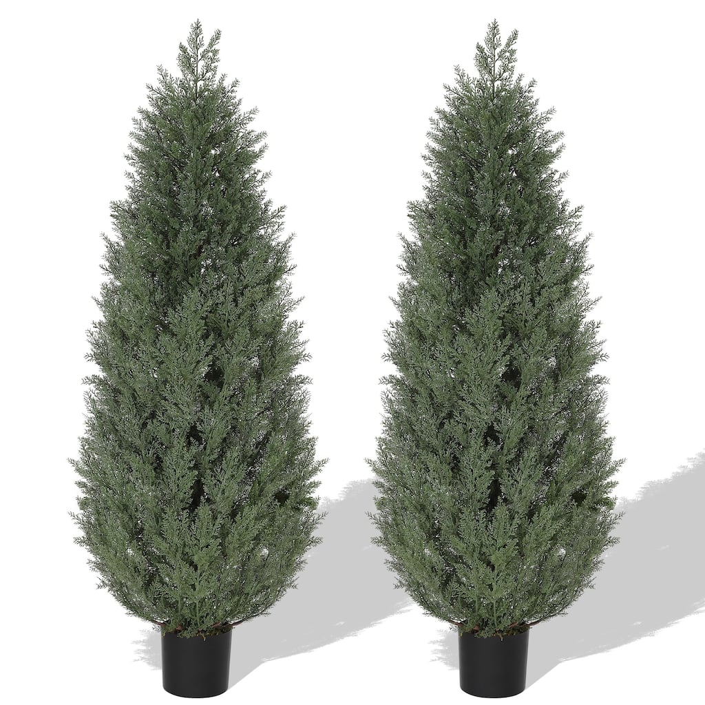 2 Pcs 5 FT Artificial Cedar Trees, Artificial Cypress Topiary Tree with Cement Flower Pot - 5ft