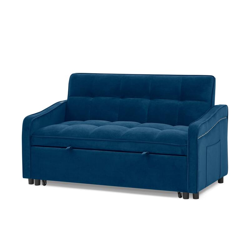 Roomfitters Velvet Loveseat Sofa Bed with Pull-Out Bed, Adjustable Back, USB & Type-C Charging, Arm Pockets