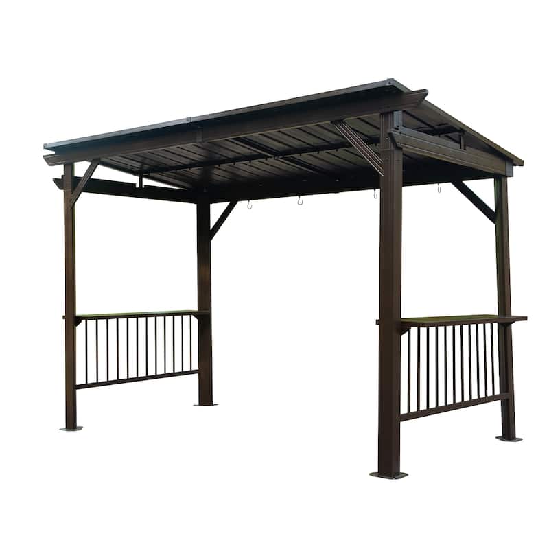 6.5x12FT Outdoor BBQ Gazebo with Sloping Steel Roof, 2 Side Shelves & Ceiling Hooks for Patio, Lawn, Deck - Brown