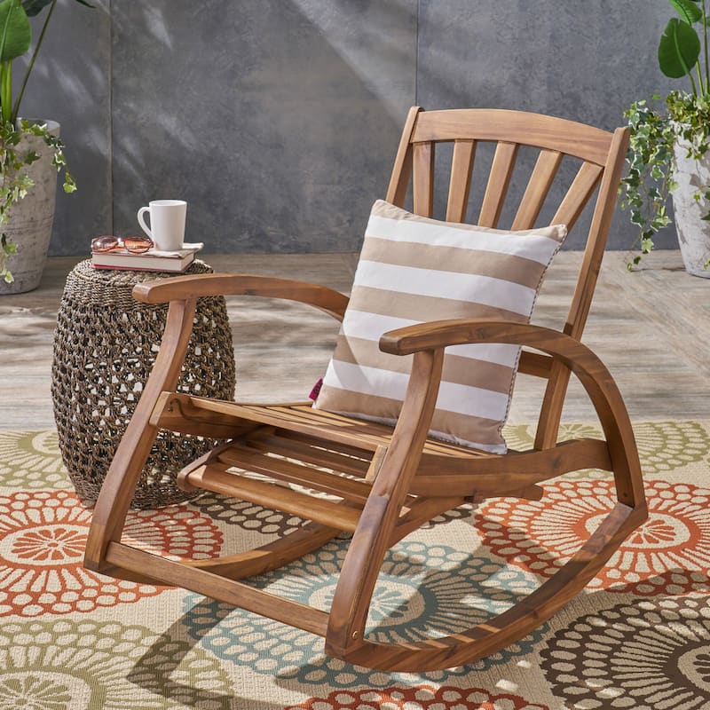 Roomfitters Outdoor Wooden Rocking Chair with Slatted Back and Ergonomic Armrests, Classic Curved Base Design - Teak