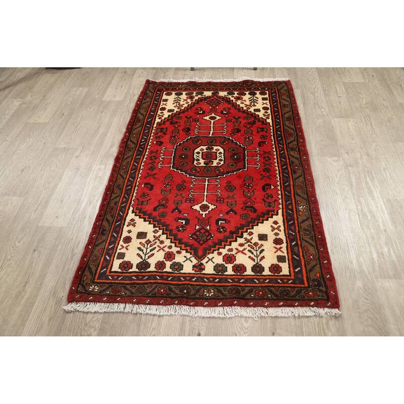 Geometric Hamedan Persian Kitchen Area Rug Handmade Wool Carpet - 3'3" x 4'11"