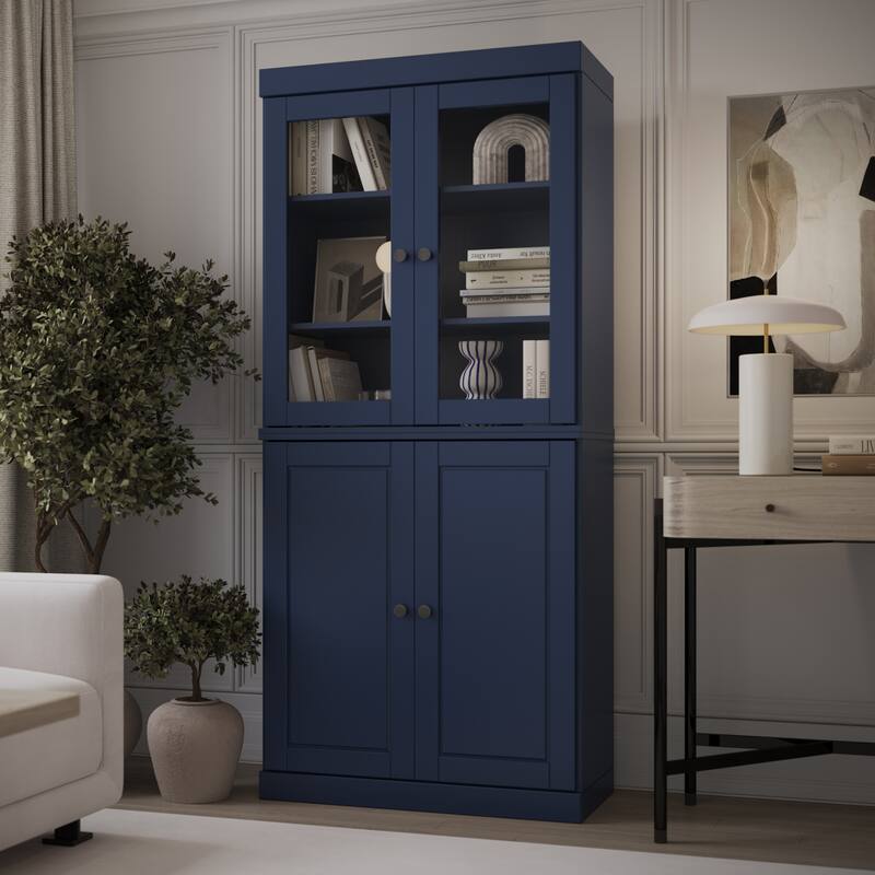 Palace Imports Solid Wood 6-Shelf Bookcase, Raised Panel Clear Glass Doors, Adjustable Shelves - Navy