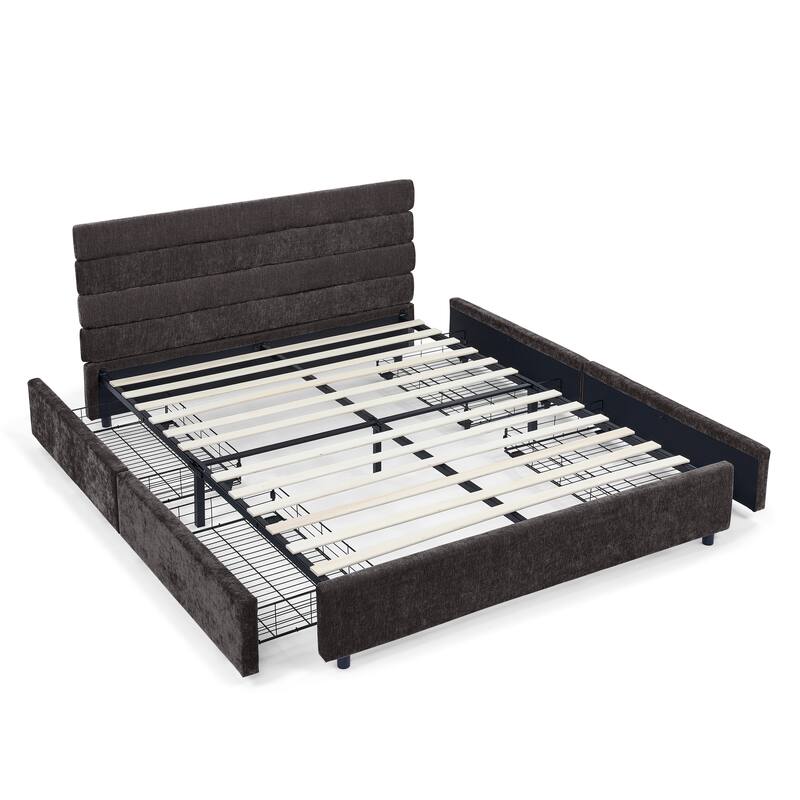 Roomfitters Queen Upholstered Bed Frame with Cushioned Headboard and 4 Storage Drawers, Chenille Fabric Platform Bed