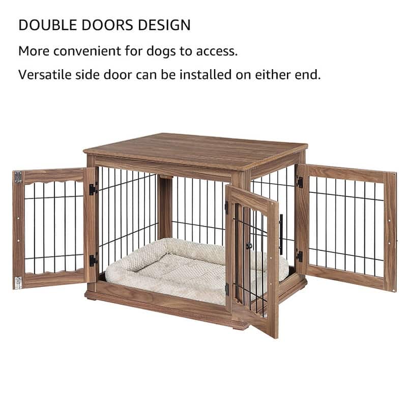 unipaws Pet Crate End Table, Double Doors Dog Kennel with Pet Bed