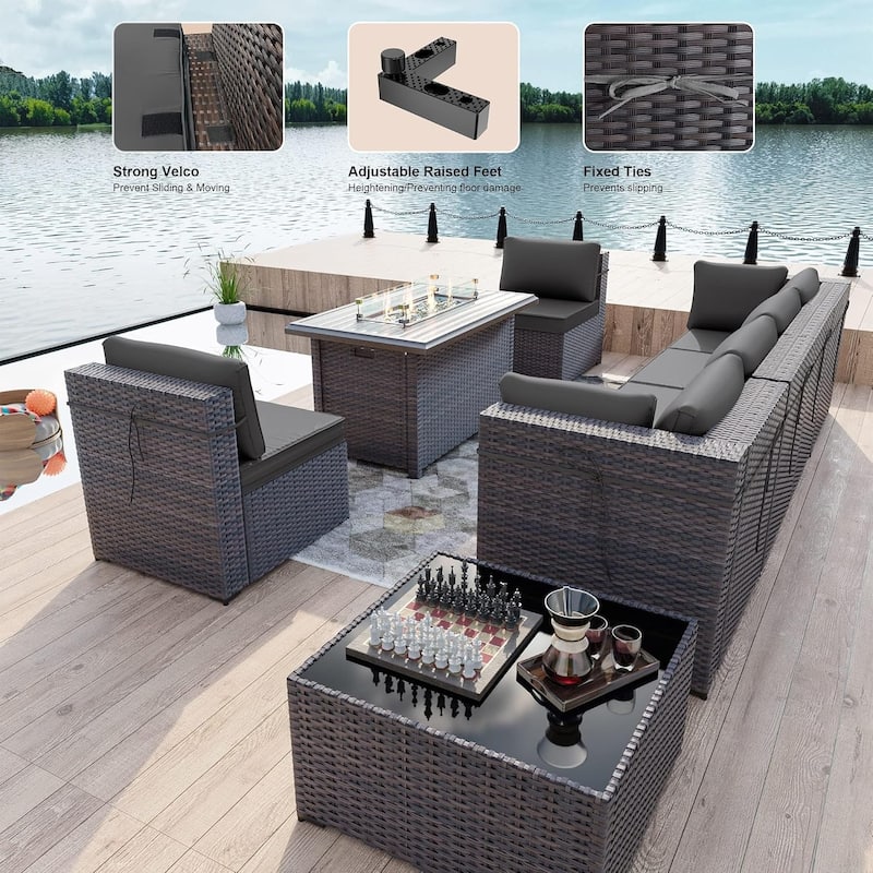 8 Pieces Outdoor Patio Furniture Set, All Weather PE Wicker Sectional Conversion Sofa set w/ Firepit Table