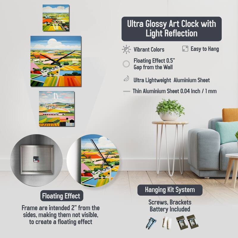 Designart "De Stijl Farm Landscape" Countryside Oversized Wall Clock - Set Of 3 - Extra large Country Clock For Office Décor