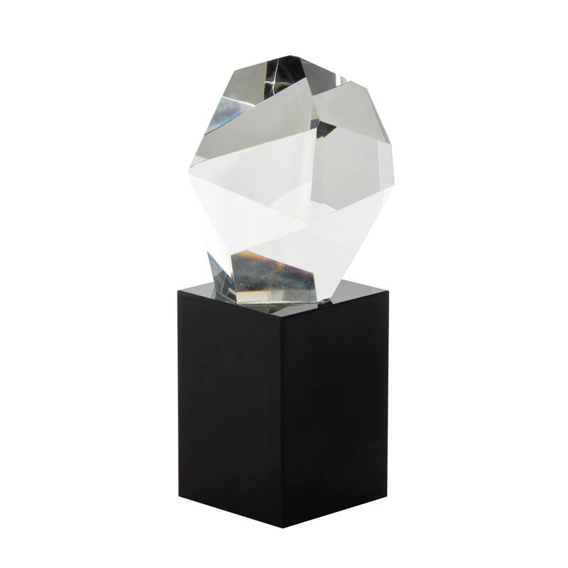 Clear Glass Cut Stone Inspired Sculpture with Black Base