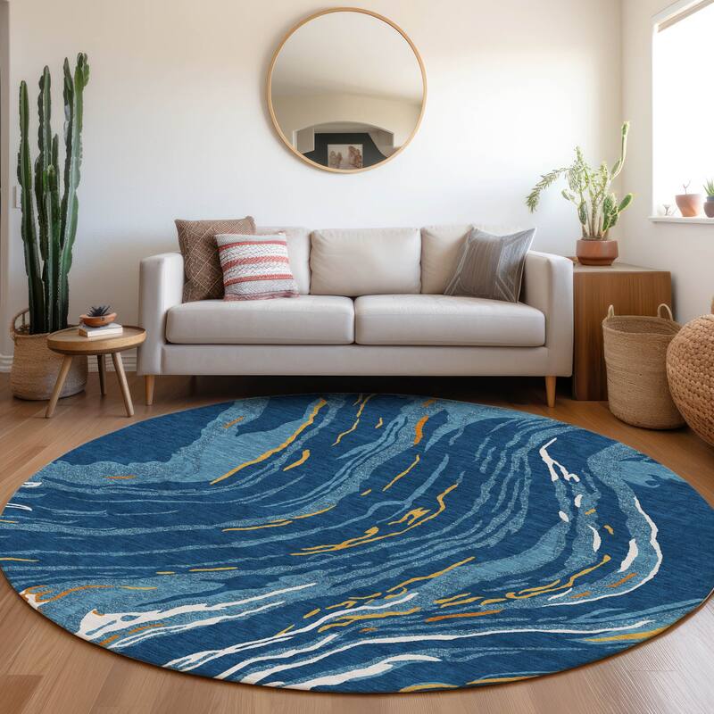 Machine Washable Indoor/ Outdoor Modern Wave Chantille Rug - Navy - 8' x 8'