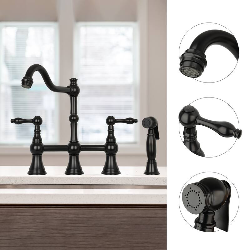 Two-Handles Bridge Kitchen Faucet with Side Sprayer 8-3/8 Inch High Arc