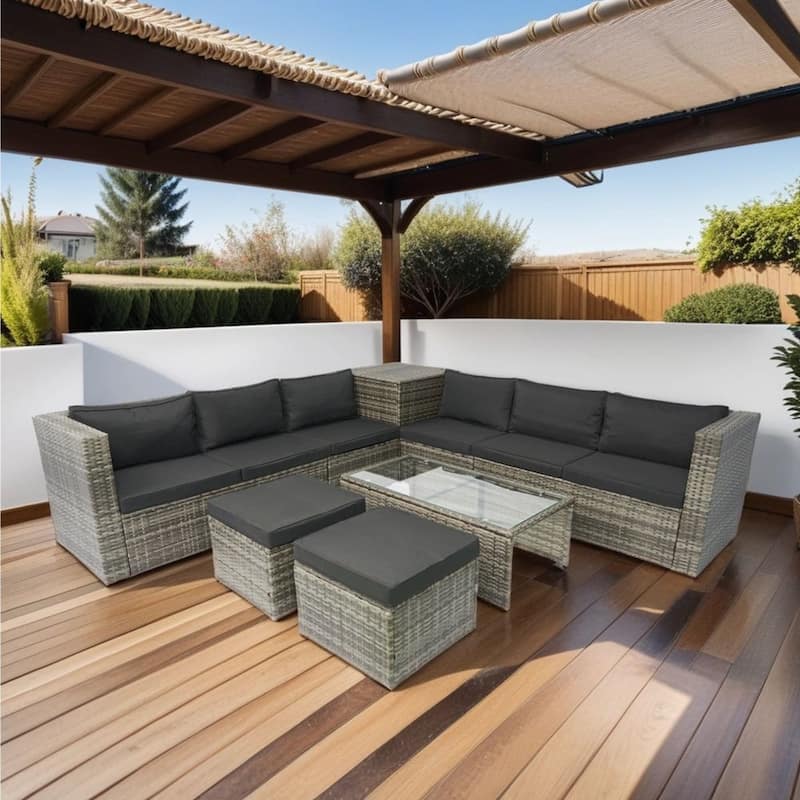 8 Piece Patio Sectional Wicker Rattan Outdoor Furniture Sofa Set - Black+Grey