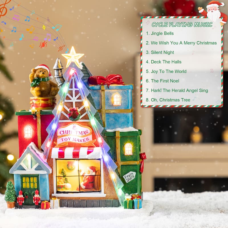 Glitzhome 10.75"H Lighted Christmas Toy Market Resin Village with Movement and Music