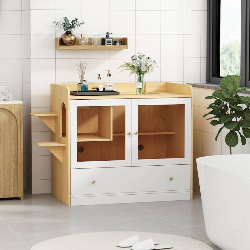 40" Cat-Friendly Litter Box Enclosure with Storage Bookcase Cabinet - Oak/White