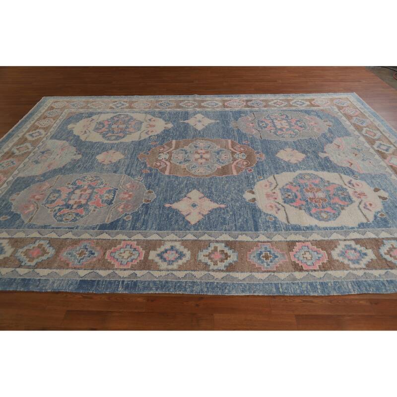Hand Knotted Oriental 100% Wool Carpet Transitional Geometric Navy Blue & Blues Oushak Area Rug - 11' 0'' X 8' 4''