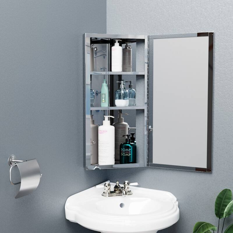 Corner Medicine Cabinet Infinity Stainless Steel 23.6" x 11.8" with Mirror Triple Shelf Opens Left to Right