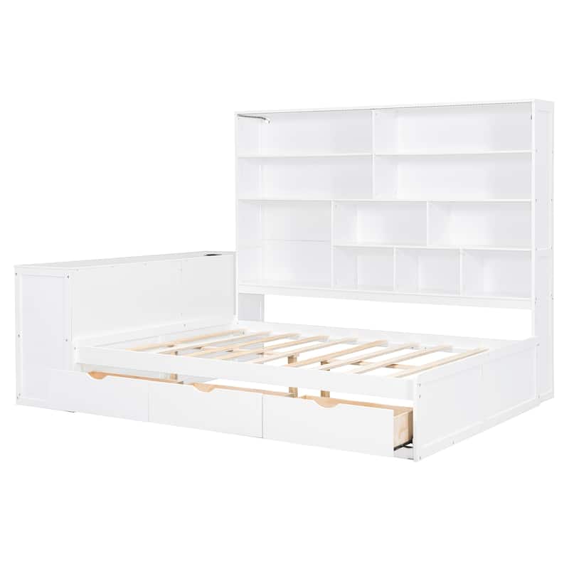 Modern Storage Bed Frame with 3 Drawers, All-in-One Bookshelf, Desk, Full Size Daybed with Wood Slats Support for Bedroom