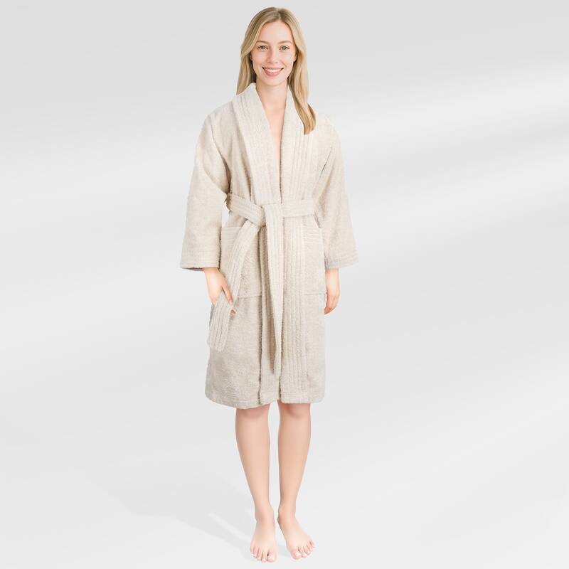 American Soft Linen Women's 100% Cotton Terry Bathrobe - Soft, Absorbent, Quick Dry Turkish Robes for Women - Medium - Beige