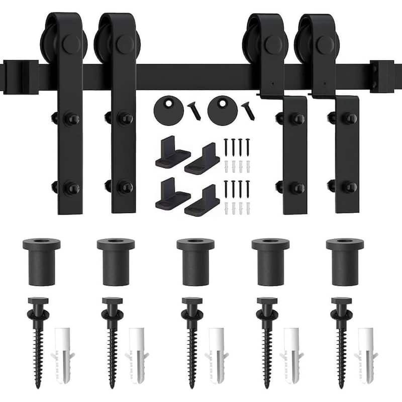 4-12FT Single Track Bypass Sliding Barn Door Hardware Kit for Double Doors J Style Rollers
