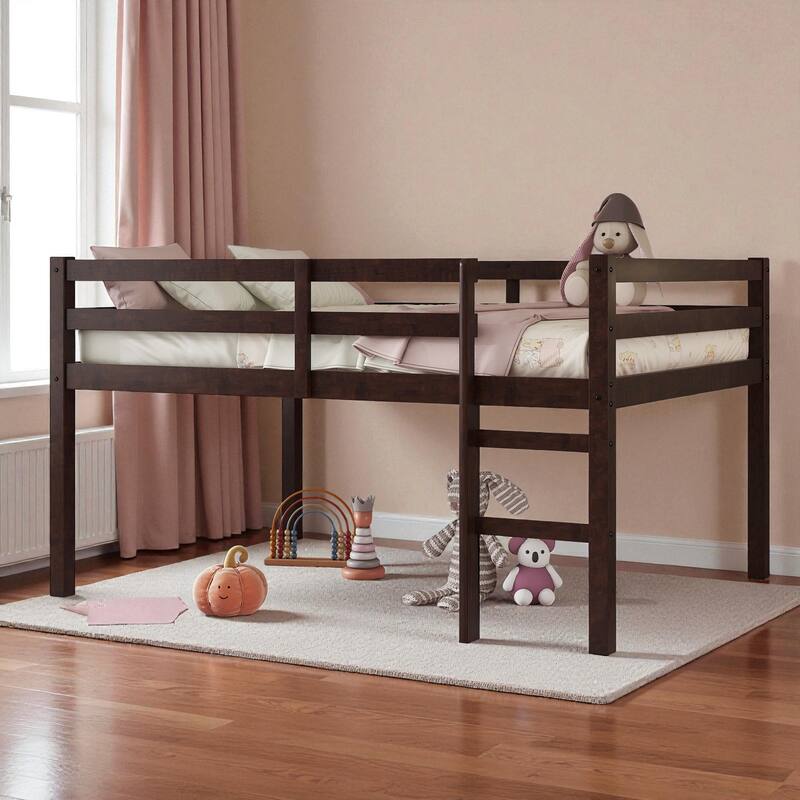 Full Size Loft Bed with Ladder, Solid Rubber Wood Frame Low Height Design with Guard Rails and Under-Bed Storage Space