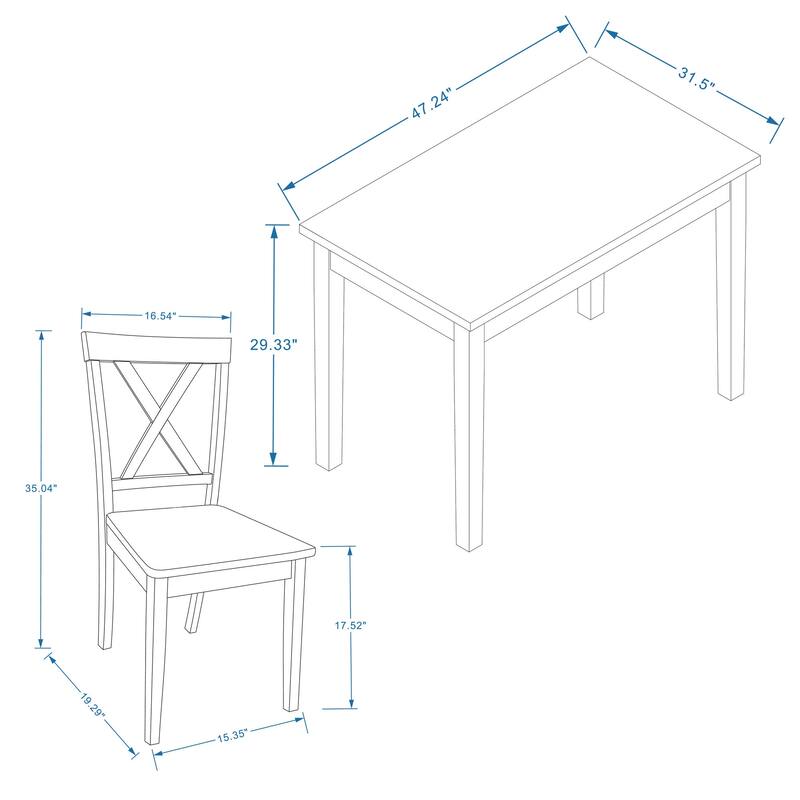 3-Piece Dining Set, 48" Rectangle Wood Table and X-Back Chairs