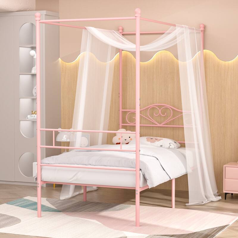 VECELO Twin Bed Set of 2 Canopy Bed Frame with Headboard and Footboard, Metal Four Posters Design