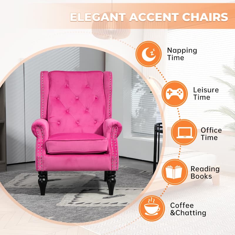 Mid-Century Velvet/Leather Upholstered Tufted Wood Frame Armchair