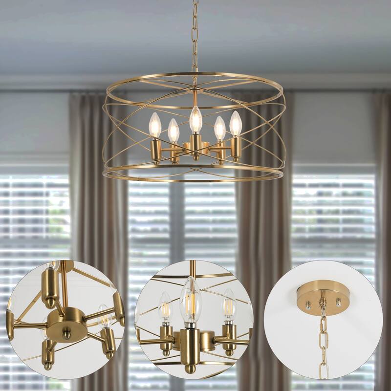 CurveCurio 20" Modern Brass Chandelier w 6 Lights, 70 inch Adjustable Hanging Chain for Dinging Table, Bedroom and Foyer