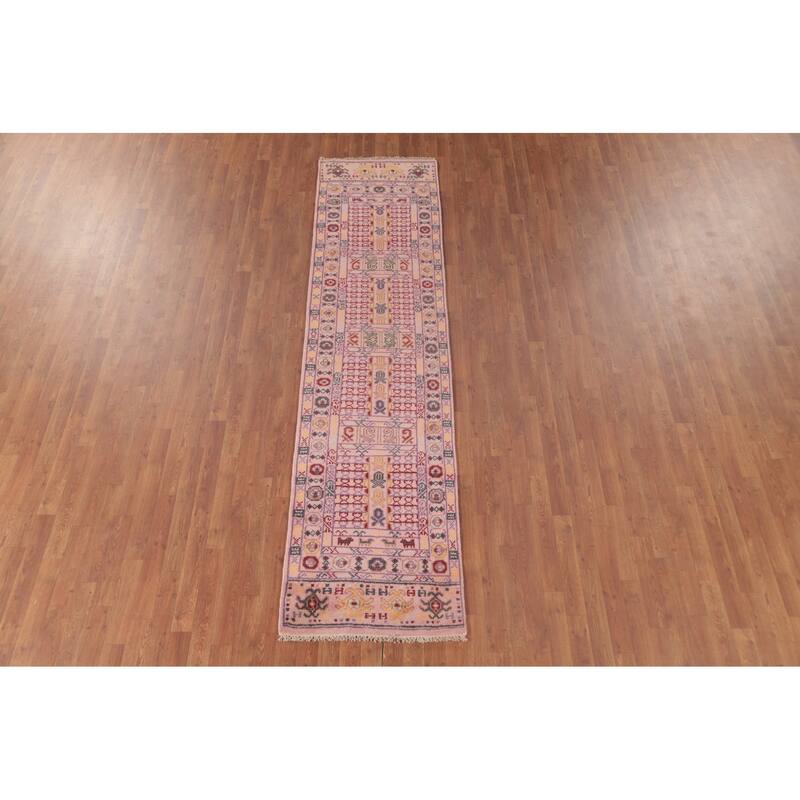 Tribal Pink Geometric Khotan Oriental Runner Rug Handmade Wool Carpet - 2'5"x 9'11"