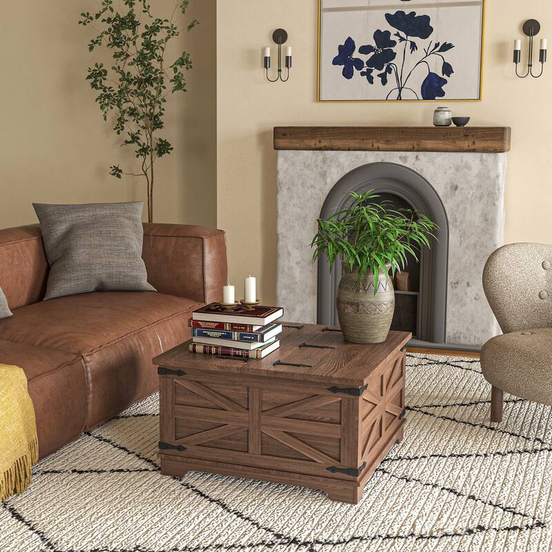 HOMCOM Farmhouse Coffee Table with Storage, Center Table with Hinged Lift Top and Hidden Space, Square Coffee Table