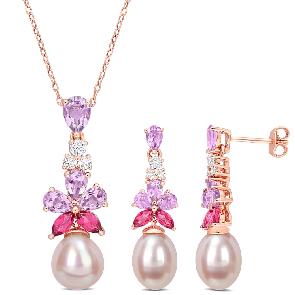 Miadora Pink Cultured Freshwater Pearl 4 4/5ct TGW Rose de France Pink Topaz White Topaz Jewelry Set