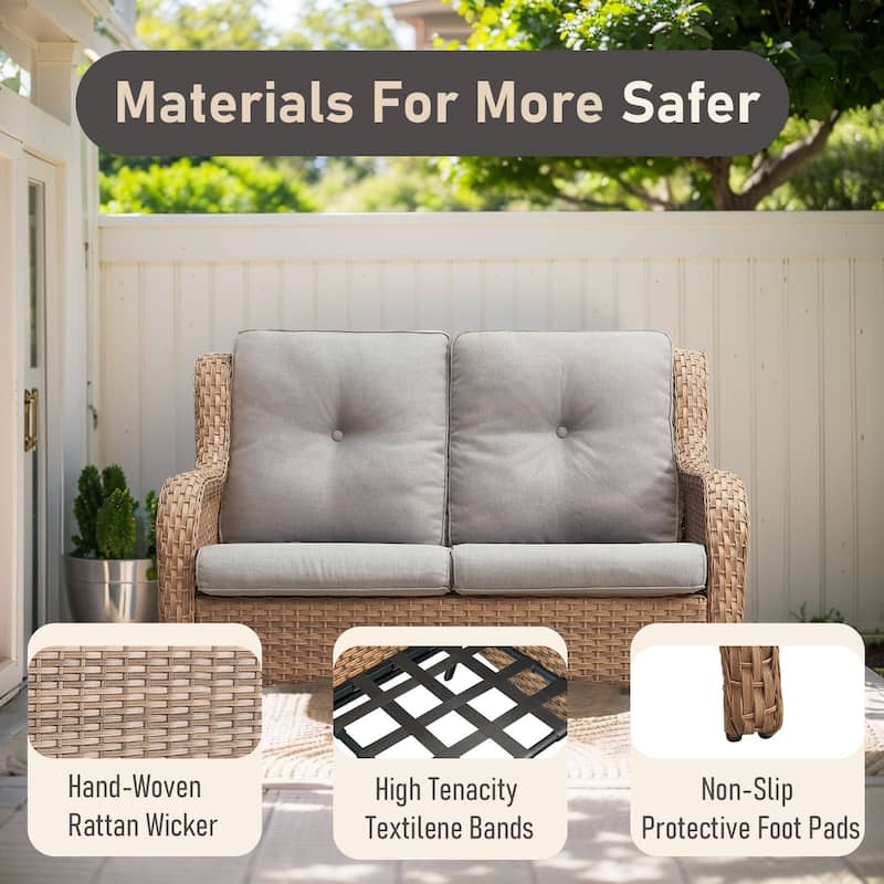 Pocassy Outdoor 6 Pieces 2-Seat Sofa Swivel Chairs Table Ottoman
