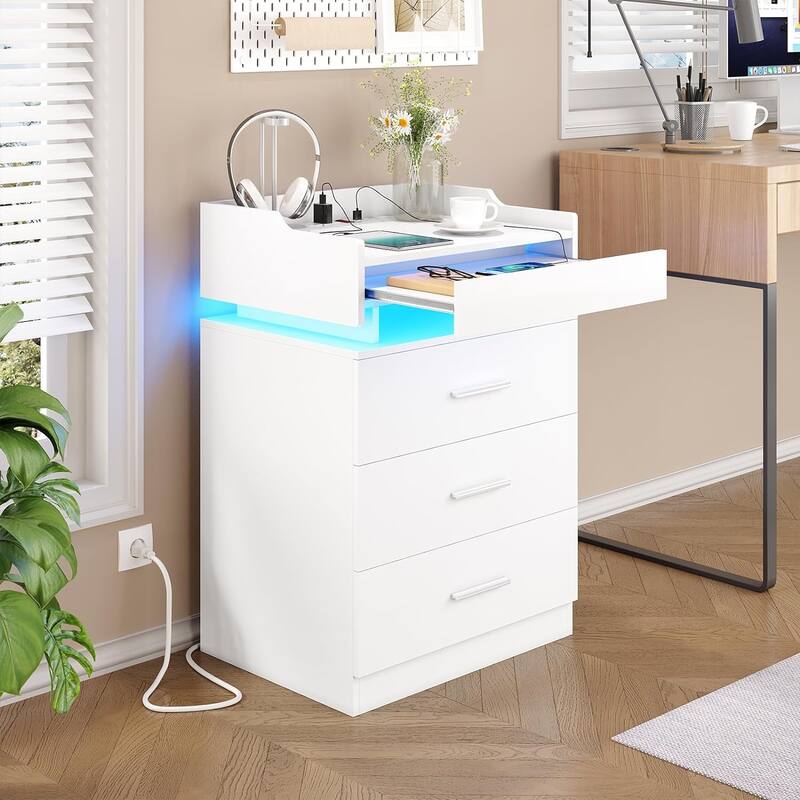 Nightstand with Charging Station and LED Lights 3 Drawers