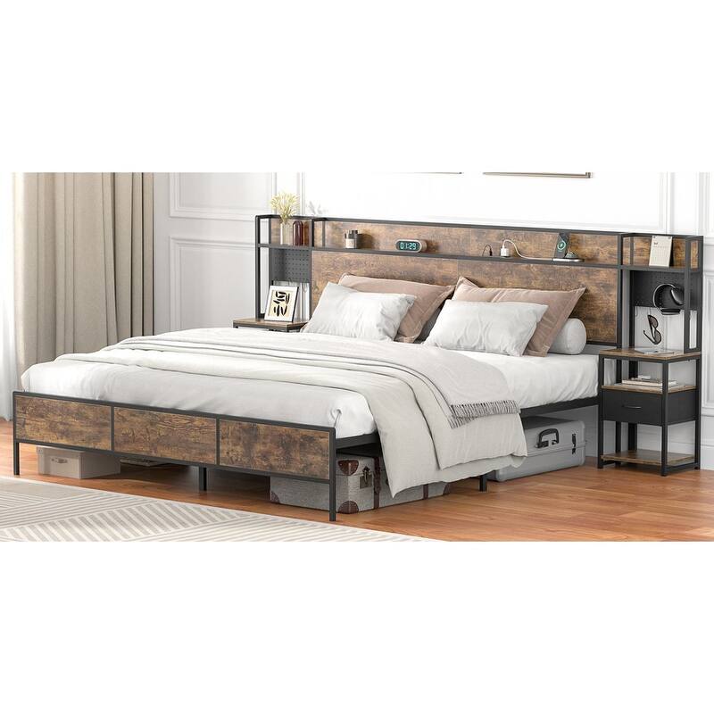 Anmytek Rustic Brown Queen/King Bed Frame with 2 Sliding Nightstands - Bookcase Storage Headboard