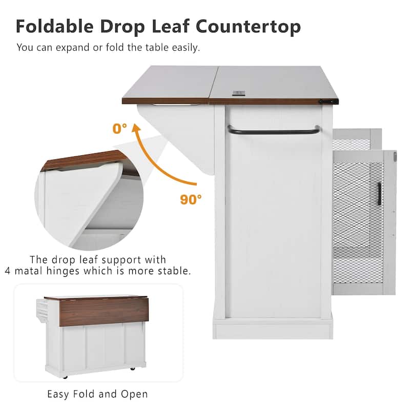 58" Farmhouse Kitchen Island with Sliding Barn Door, Drop Leaf & Storage, Mobile on 5 Wheels