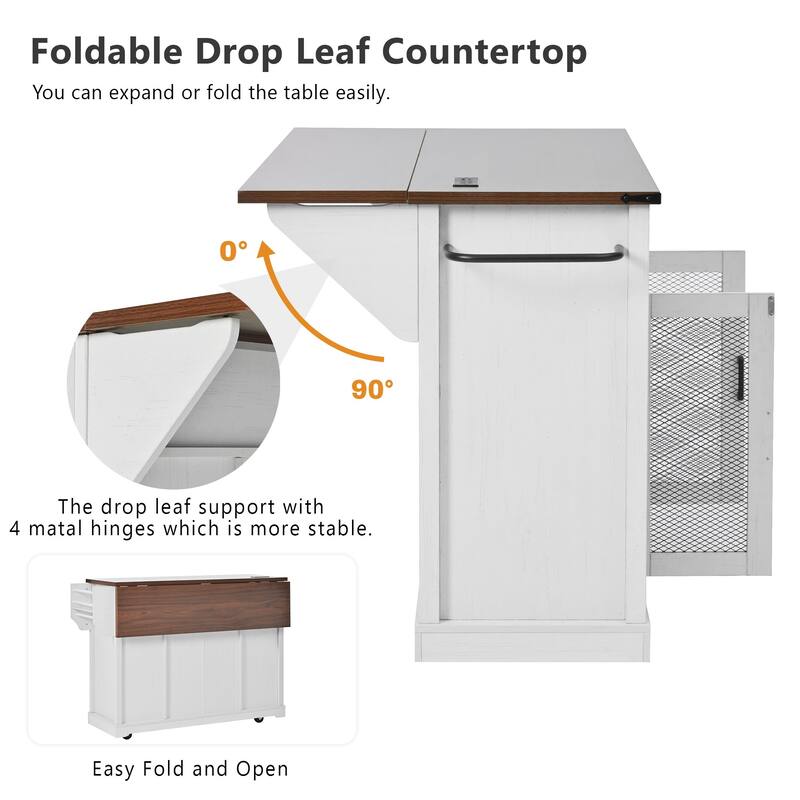 58" Farmhouse Kitchen Island with Storage, Sliding Barn Door & Metal Grid Side Door, Rolling Kitchen Island