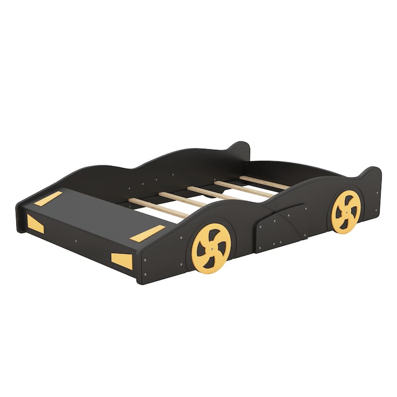 Full Size Race Car-Shaped Platform Bed w/Wheels and Storage