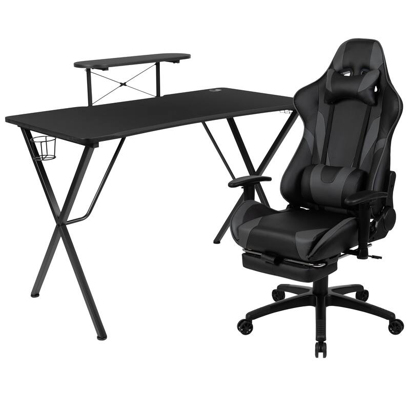 Gaming Desk & Chair Set with Cup Holder, Headphone Hook, and Monitor Stand