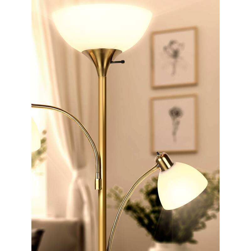 Brightech Sky Dome Double 72 in. Antique Brass Industrial 3-Light 3-Way Dimming LED Floor Lamp with 3 White Plastic Bowl Shades