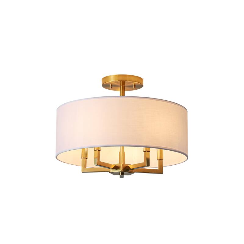 4-Light Mid-Century Modern Gold Semi-Flush Mount Light with White Drum Fabric Shade for Bedroom, Living Room