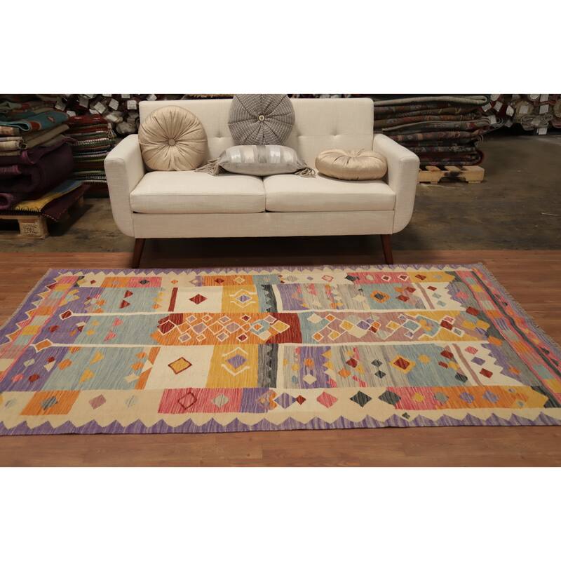 Hand Woven Oriental 100% Wool Carpet Southwestern Tribal Multi-Colored Kilim Area Rug - 7' 9'' X 4' 8''