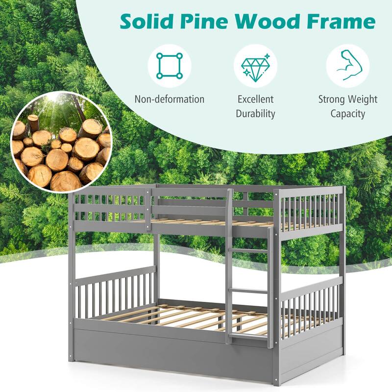 Costway Full over Full Bunk Bed Platform Wood Bed with Trundle &