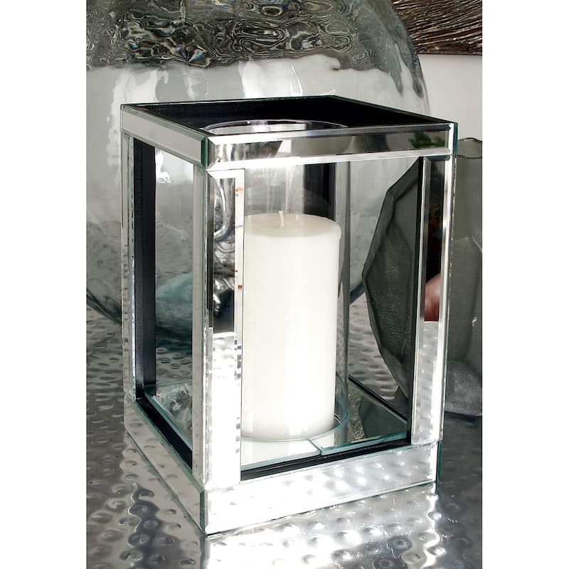 Glass Pillar Candle Holder with Floating Crystals - 7"W x 7"L x 10"H - Silver - Hurricane Lamp