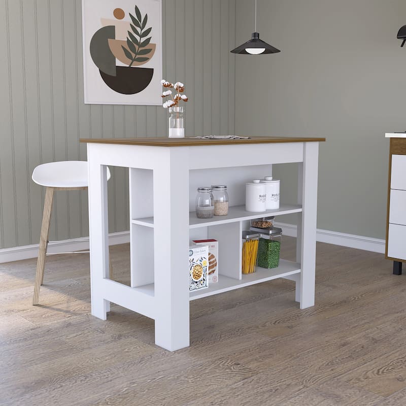 Kitchen Island with Four Legs, Three Shelves - White and Walnut