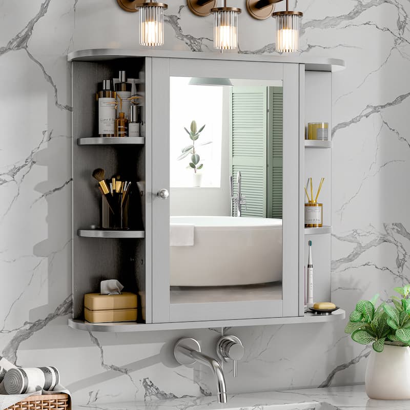 Futzca Bathroom Wall Cabinet with Mirror and Open Shelves - Grey