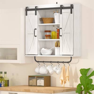 Rustic Wood Wall Storage Cabinet with Two Sliding Barn Door, 3-Tier