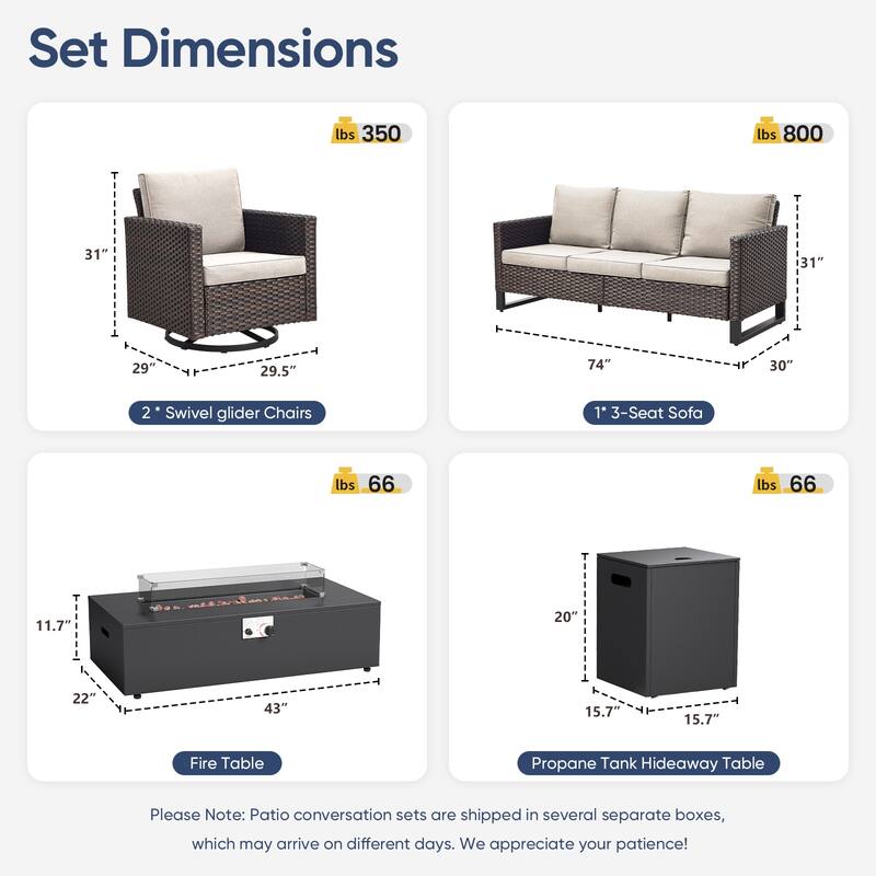 Pocassy Patio 5/7PCS Sofa Swivel Chair Ottoman with Fire Pit Table