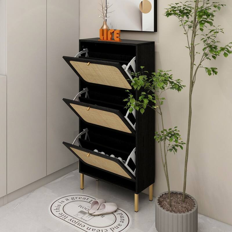 Freestanding Modern Shoe Rack Storage with 3 Natural Rattan Door
